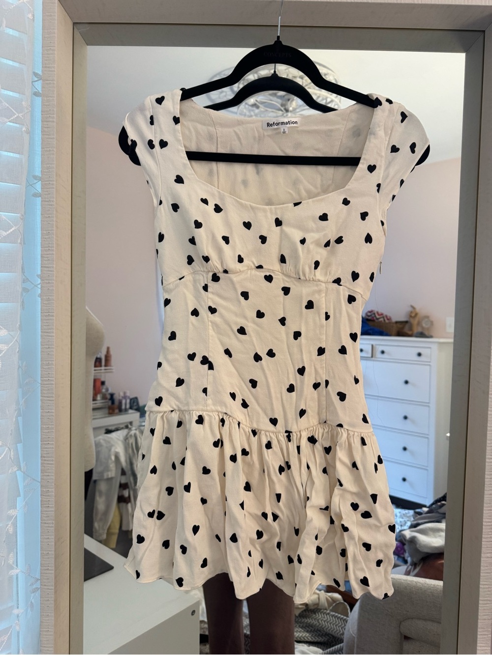 Reformation White Mini Dress with Black Heart Print